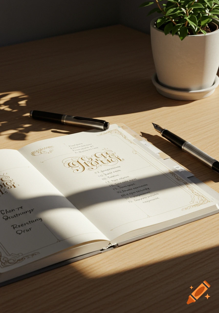 A photorealistic image of an open planner with decorative text and bullet points on a wooden desk, next to two fountain pens and a potted plant. Sunlight casts shadows across the desk.