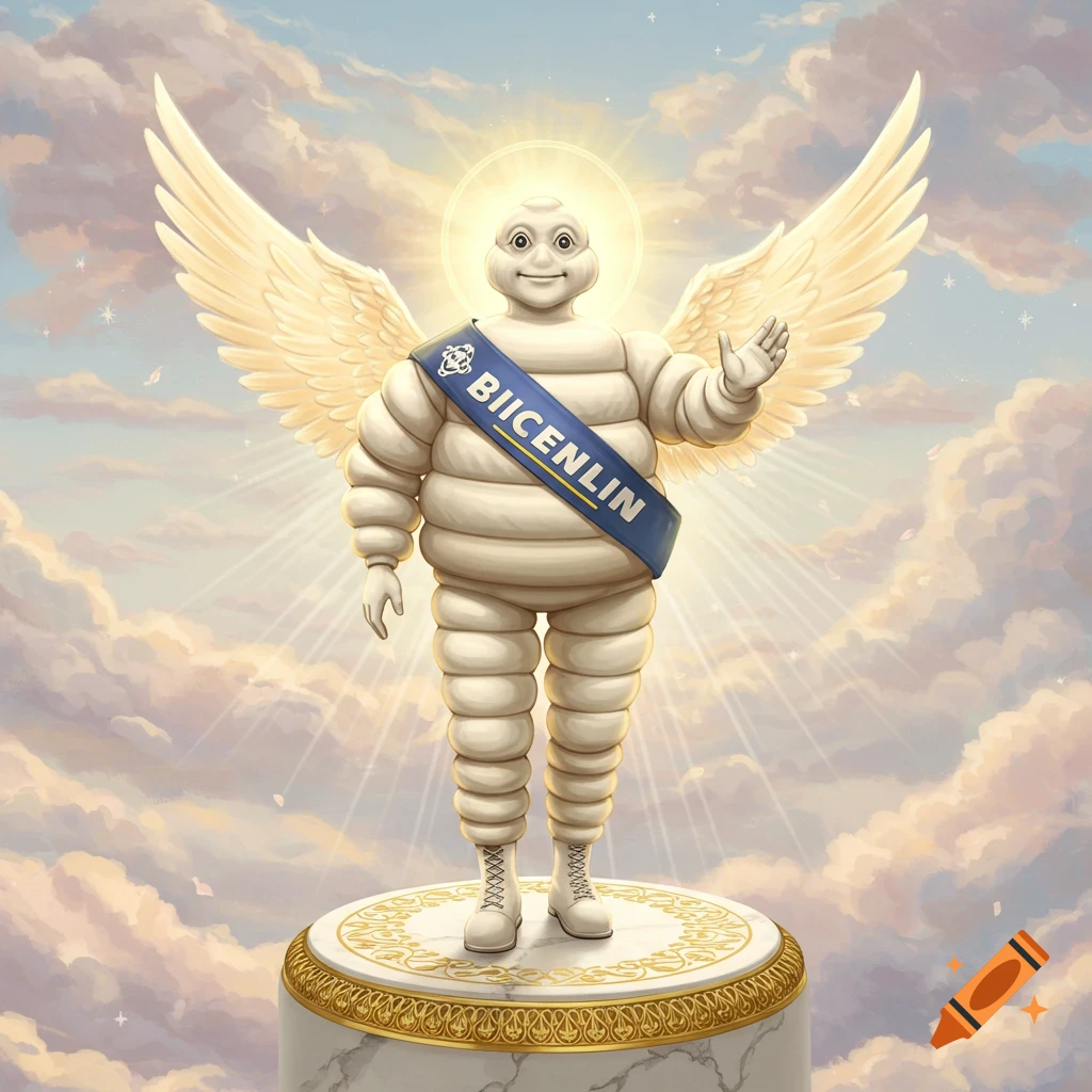 The Michelin Man, depicted as an angel with white wings and a halo, stands on a pedestal in the clouds, wearing a blue sash.