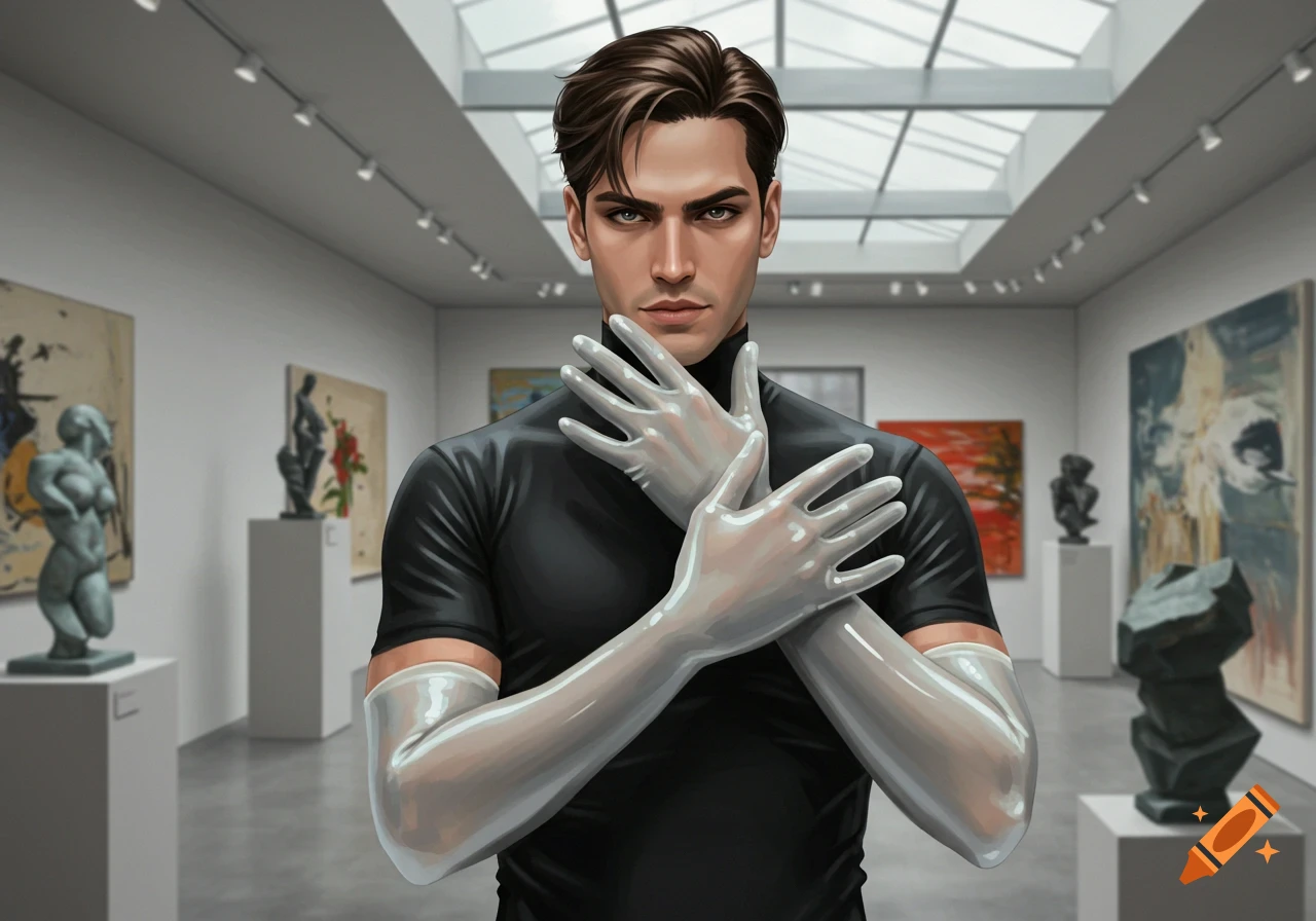 A stylish man with dark hair and transparent gloves stands in an art museum.