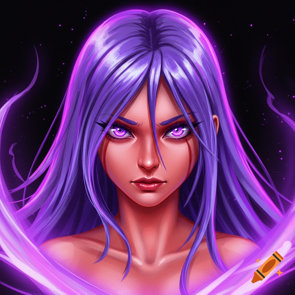 Close-up of an anime girl with long purple hair, glowing purple eyes, and red-toned skin, surrounded by a purple aura on a black background.