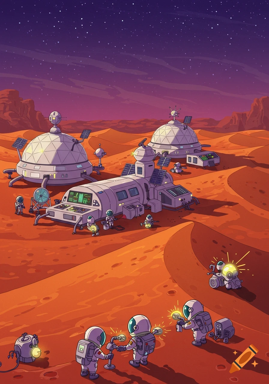 Cartoon illustration of a Mars research station with astronauts and robots on a red desert planet under a starry purple sky.