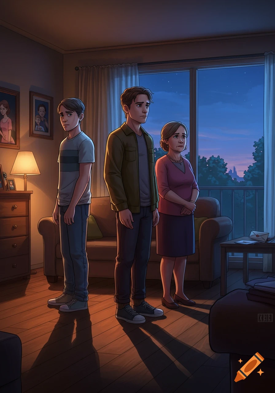 An illustration of three sad family members, two young men and an older woman, standing in a dimly lit living room at dusk.