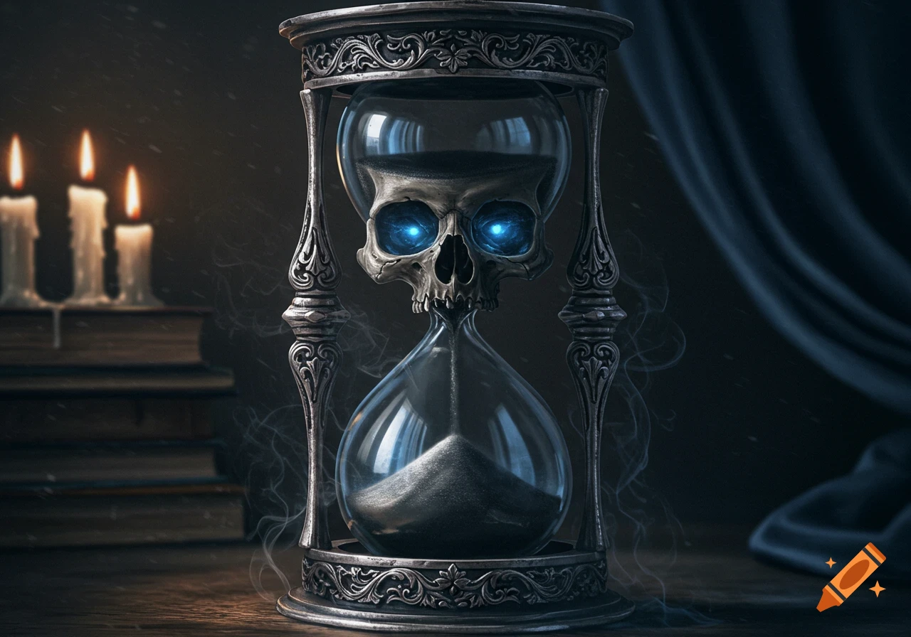 An ornate silver hourglass with a skull at its center, glowing blue eyes, and falling sand, set in a dark room with candles and books.