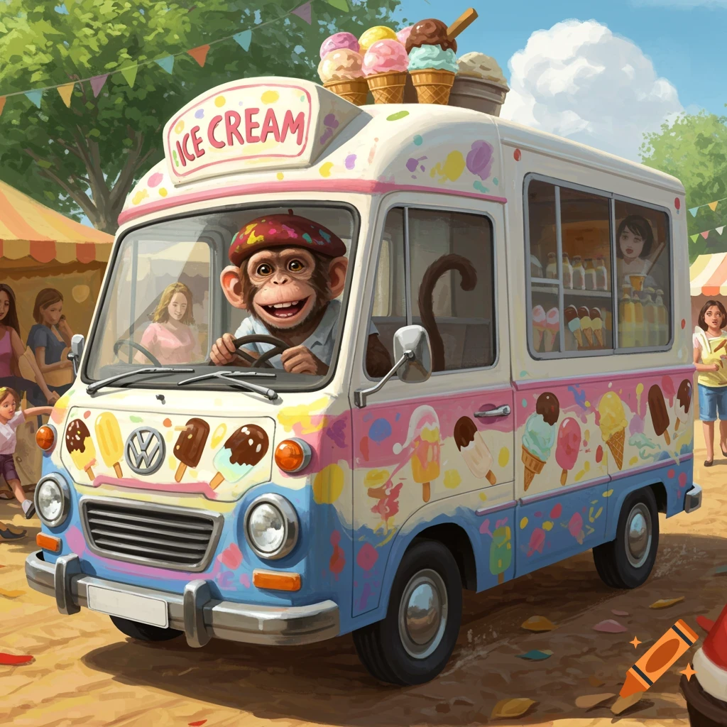 A happy chimpanzee wearing a painter's hat drives a colorful ice cream van at an outdoor fair, surrounded by people.