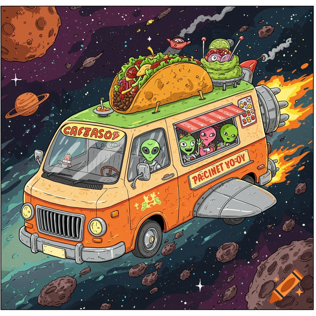 A colorful cartoon van with a giant taco on top, piloted by aliens, flies through space amidst planets and asteroids.