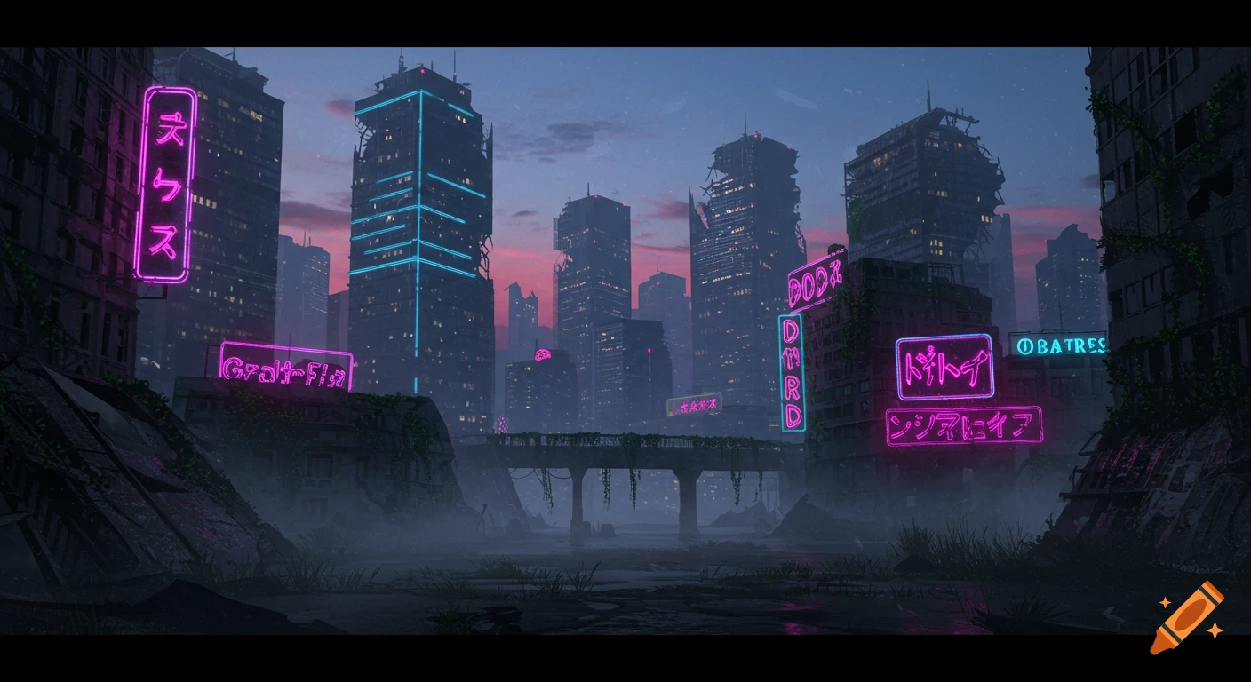A dark, atmospheric cityscape at dusk, featuring towering ruined buildings illuminated by vibrant pink and blue neon signs. A dilapidated bridge spans across the foreground, with overgrown vegetation on the structures and standing water on the ground.
