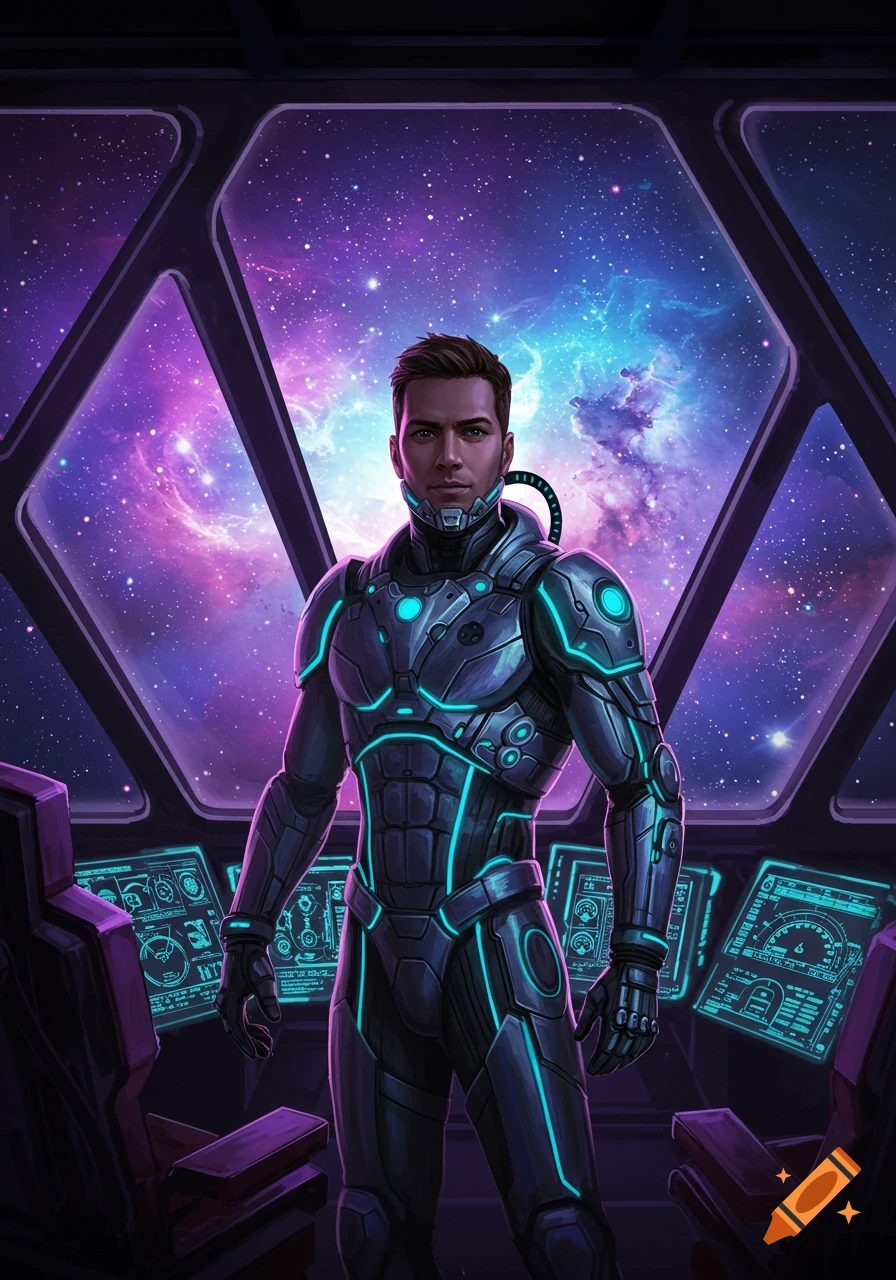 A male space pilot in a futuristic suit stands in a spaceship cockpit, looking out at a vibrant purple and blue galaxy.