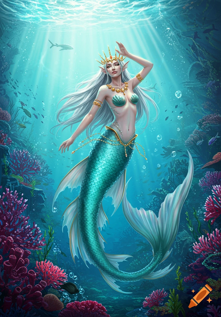 A stunning fantasy illustration of a mermaid with long white hair, a golden crown, and a teal fish tail swimming in a vibrant coral reef.