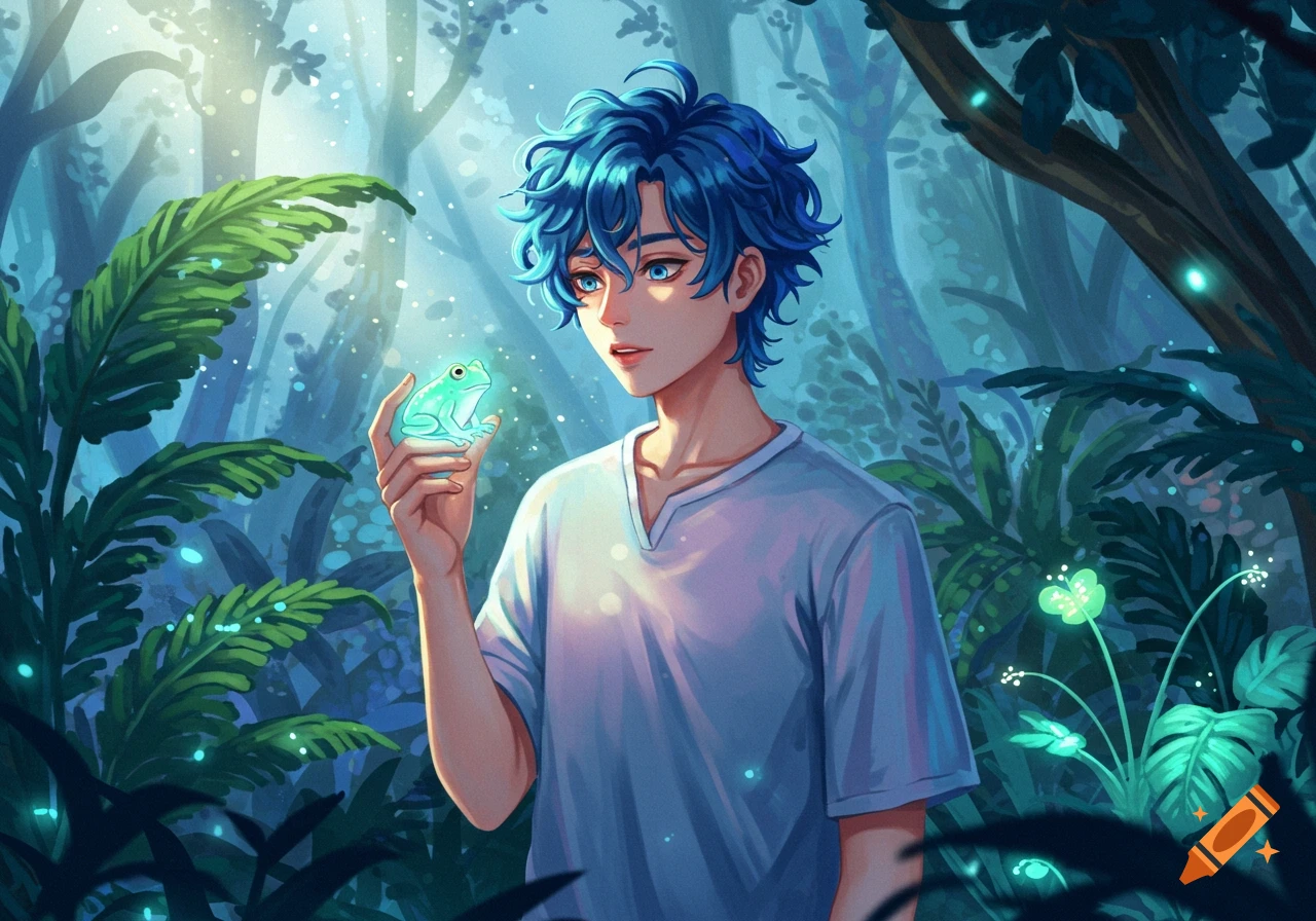 An anime man with blue hair holds a glowing green frog in a mystical, lush forest with glowing flora. Illustrated style.