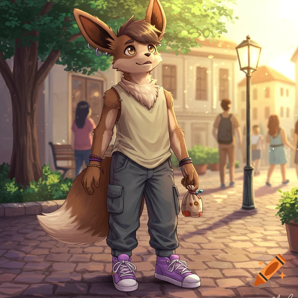An anthropomorphic Eevee-like character with brown fur and large ears stands on a sunny street, wearing a beige tank top, grey cargo pants, and purple sneakers, holding a small pouch.