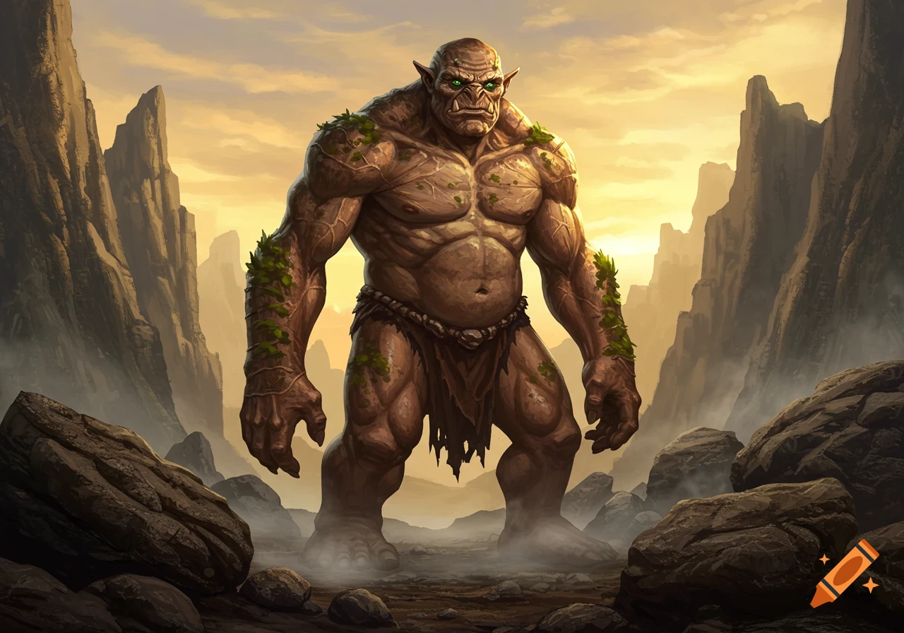 A large, muscular troll with green eyes and leafy vines on its body stands in a rocky, misty landscape at sunset.