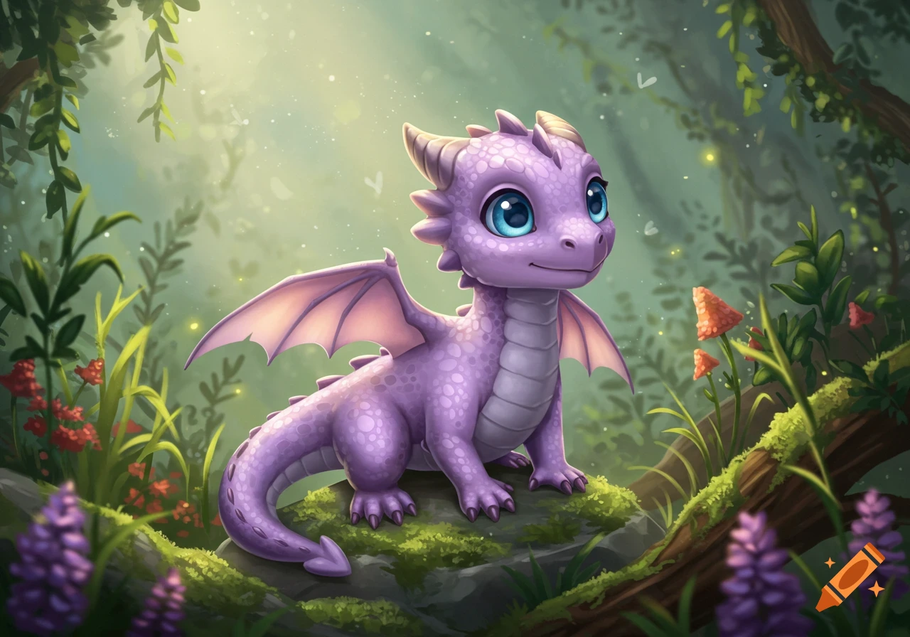 A cute baby lavender dragon with big light blue eyes sits on a mossy rock in a mystical forest.