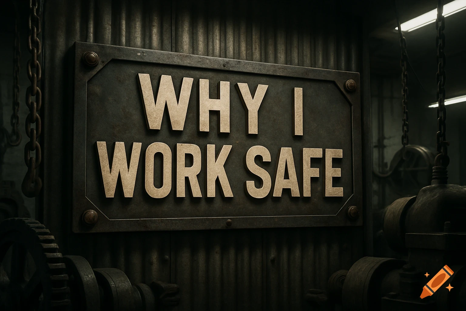 Photorealistic image of an industrial metal sign reading 'WHY I WORK SAFE' with chains and machinery in a dark setting.