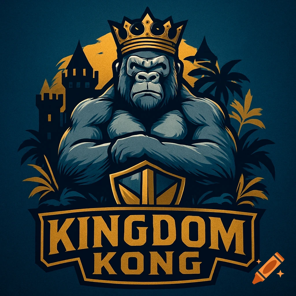 A stylized logo features a crowned gorilla with a shield, set against a castle and palm trees, with the text 'KINGDOM KONG' below.