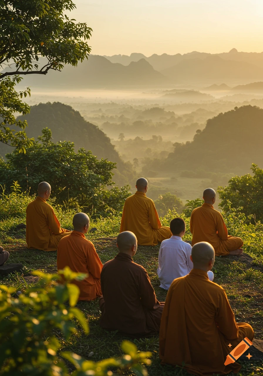 Monks meditate on a hill overlooking a misty valley at sunrise.