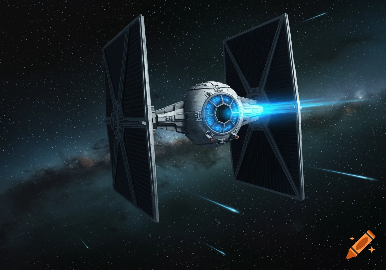 A detailed TIE fighter spaceship with glowing blue engines flying through a star-filled space with a nebulous background.