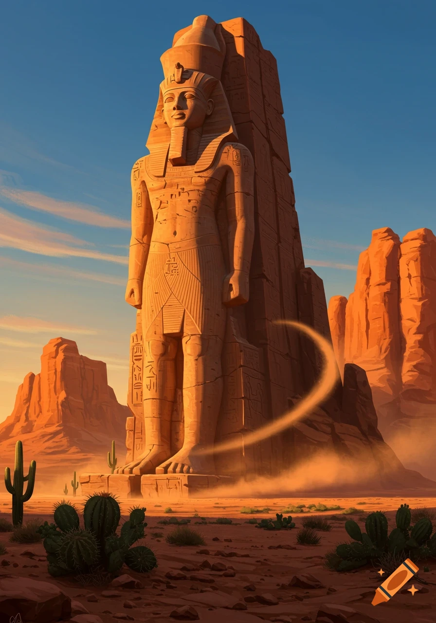 A colossal ancient Egyptian pharaoh statue standing in a vast, sunny desert landscape with red rock formations and cactuses.