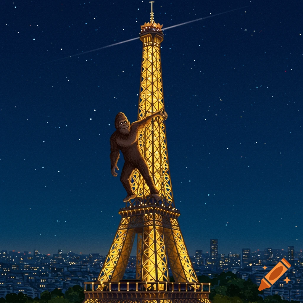 Cartoon Bigfoot clings to the illuminated Eiffel Tower at night, overlooking a city skyline.