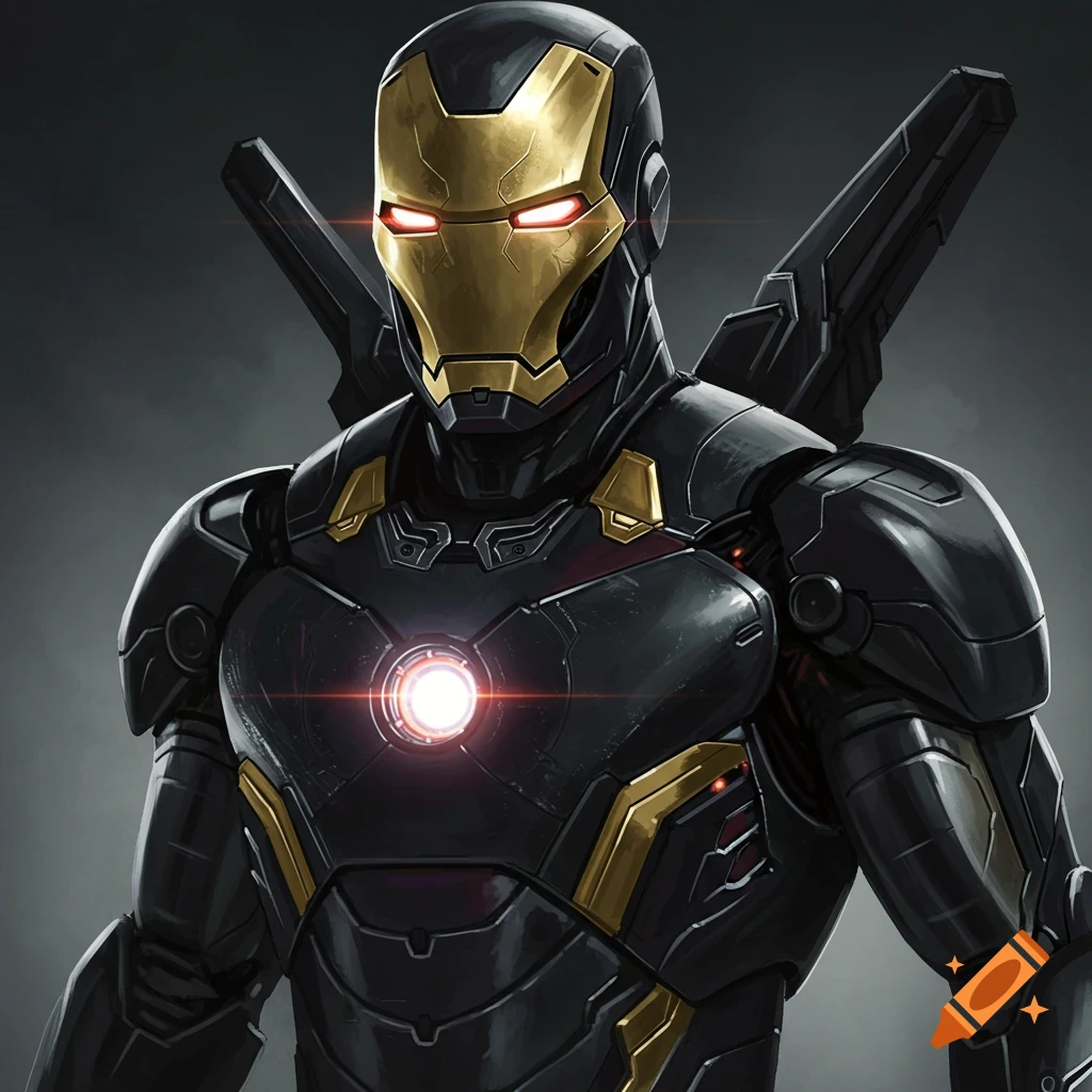 Close-up of Iron Man in a sleek black and gold suit with glowing red eyes and arc reactor.