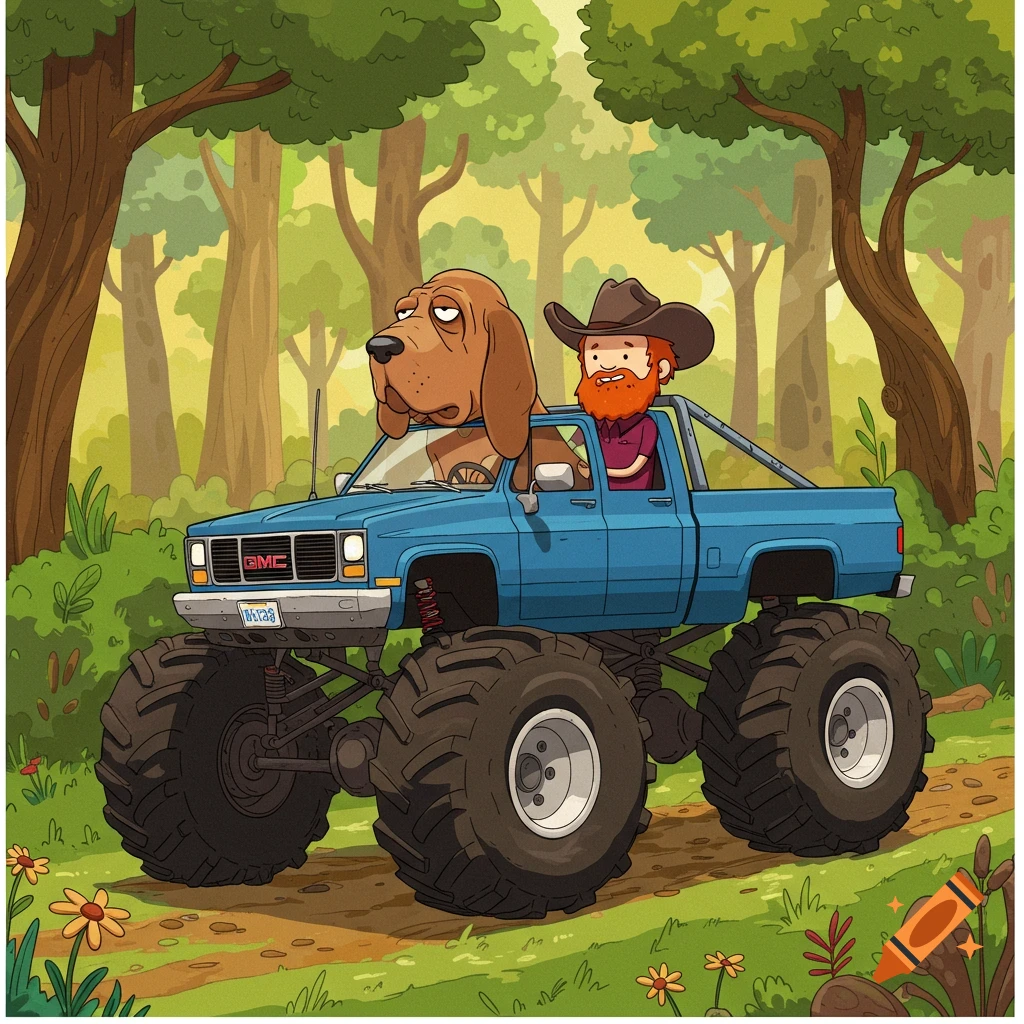 Cartoon of a human-sized bloodhound driving a blue monster truck with a man passenger through a whimsical forest.