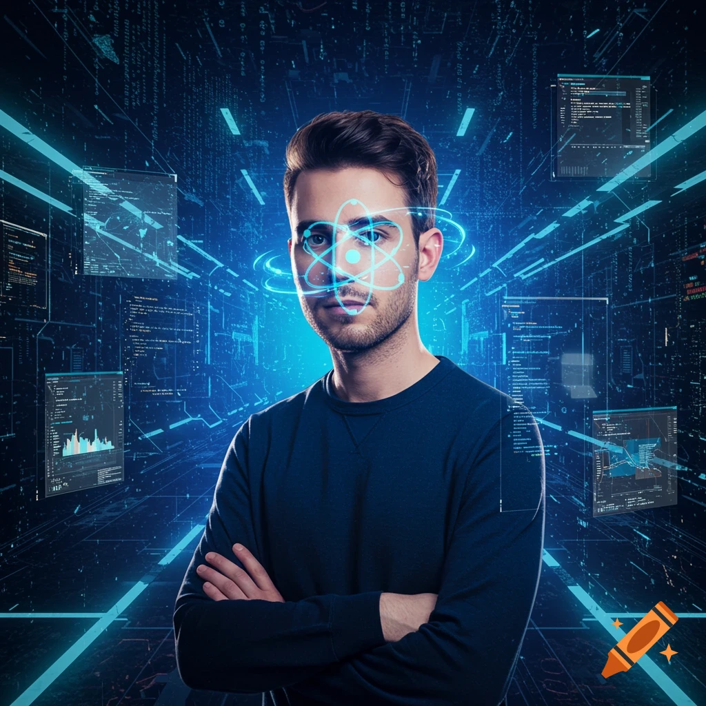 A man with a glowing atom symbol on his face stands in a futuristic blue digital tunnel with code screens.