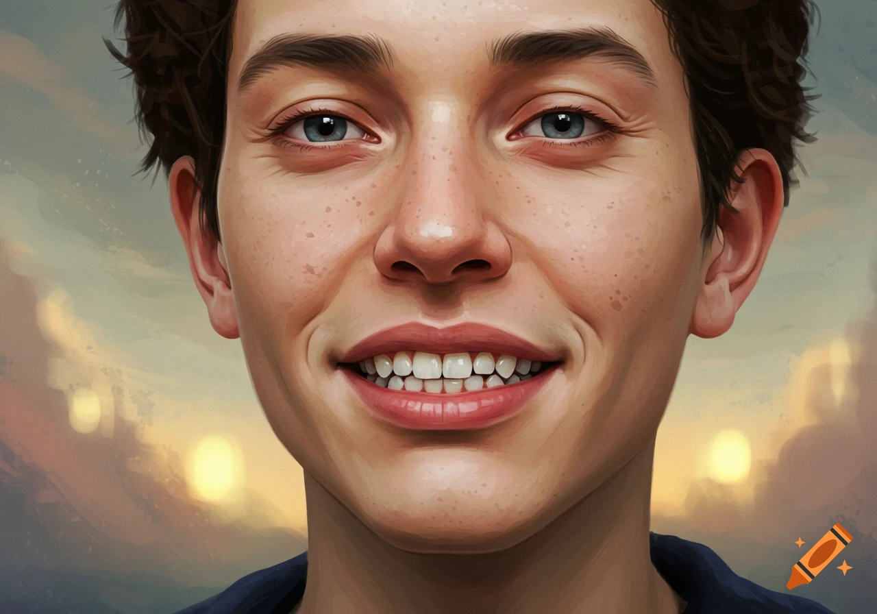 Close-up, smiling portrait of a young person with freckles and blue eyes against a sunset-colored background.