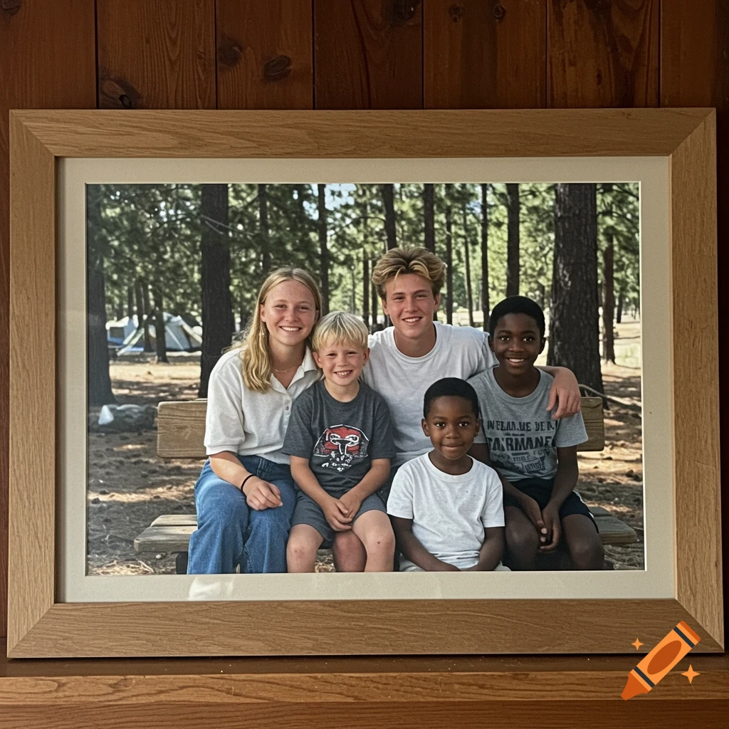 A framed photo shows a family of five, including one girl and four boys of varying ages, sitting on a wooden bench outdoors in a wooded area with tents in the background.