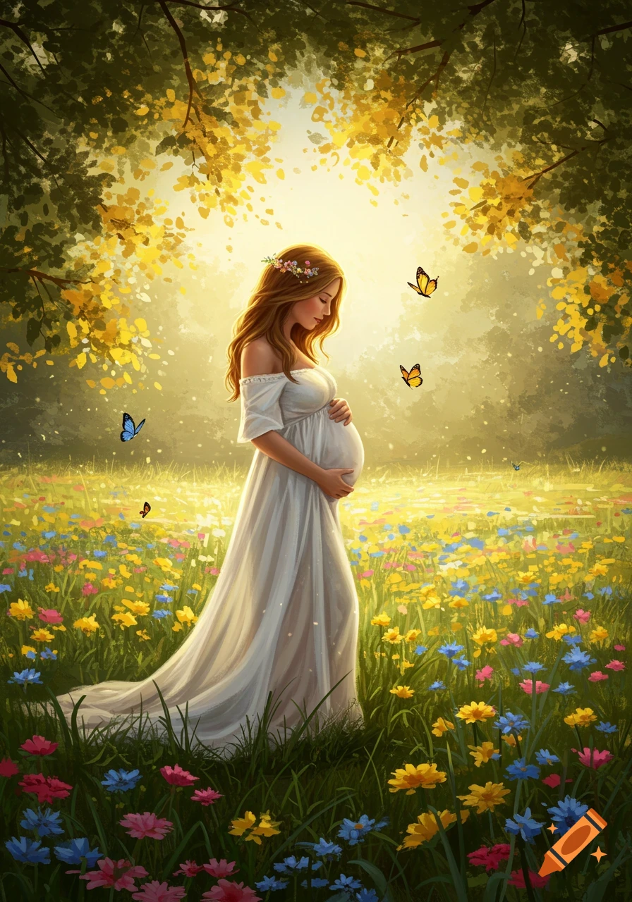 An illustrated pregnant woman in a white dress stands in a vibrant flower meadow under sunlit trees, with butterflies flying around.