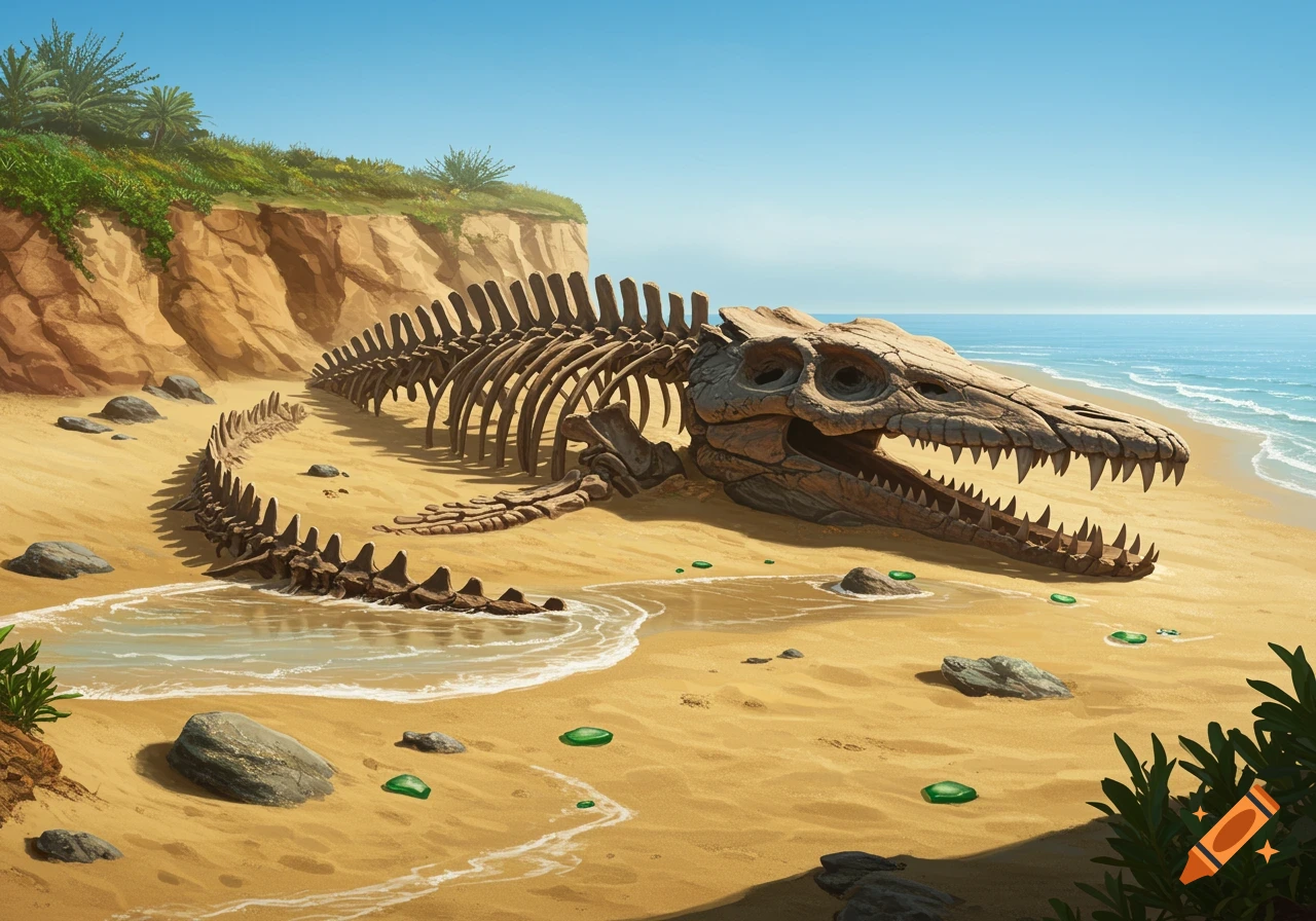 A mosasaur skeleton lies on a sandy beach next to a cliff, with ocean waves gently washing ashore.