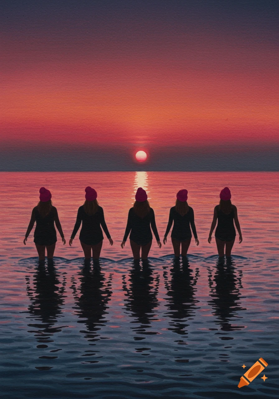 Five women in silhouette wearing beanies stand in the water at sunset in a watercolor style.