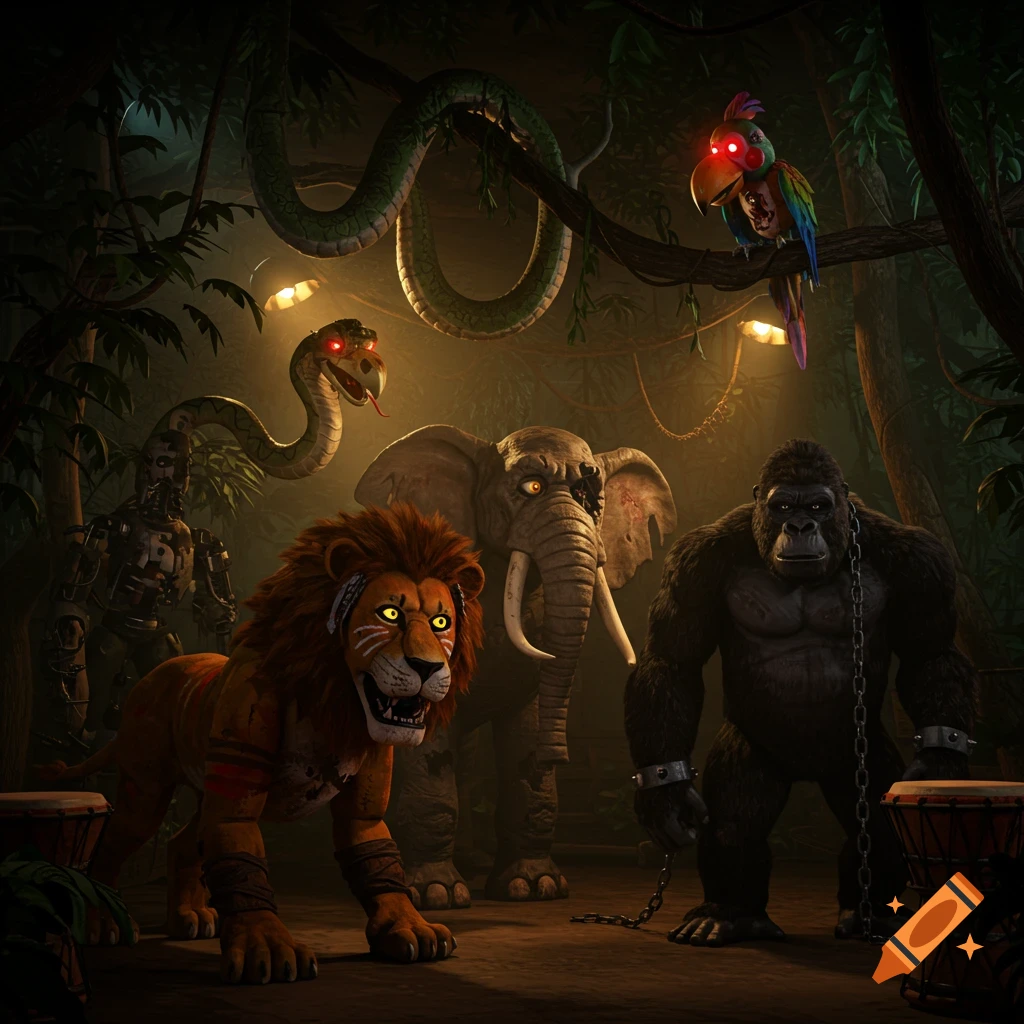 An ominous scene of animatronic jungle animals: a lion, elephant, gorilla, snake, parrot, and robot, in a dark jungle.