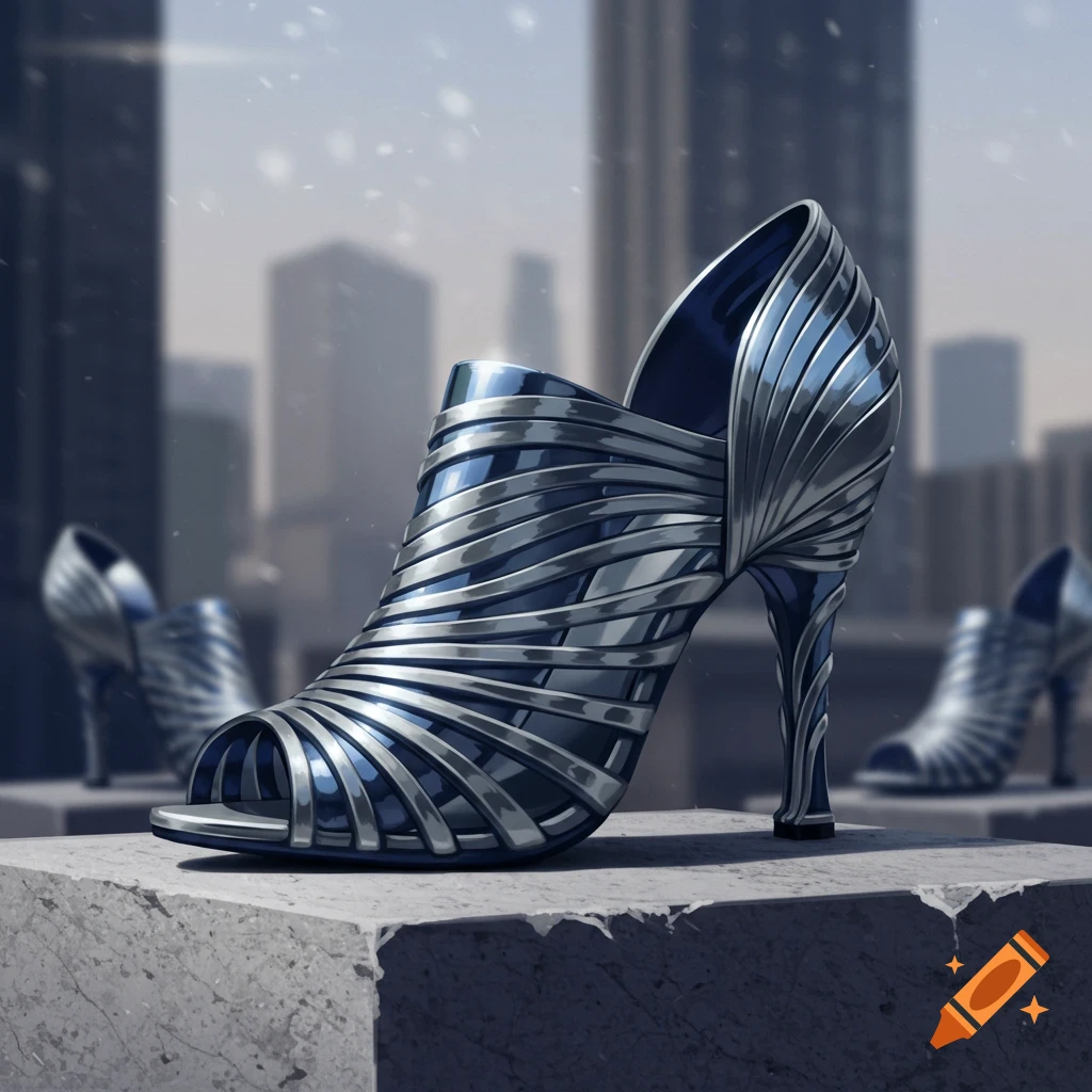 A futuristic silver and blue metallic high-heeled shoe with a ribbed design sits on a concrete block in front of blurred city buildings.