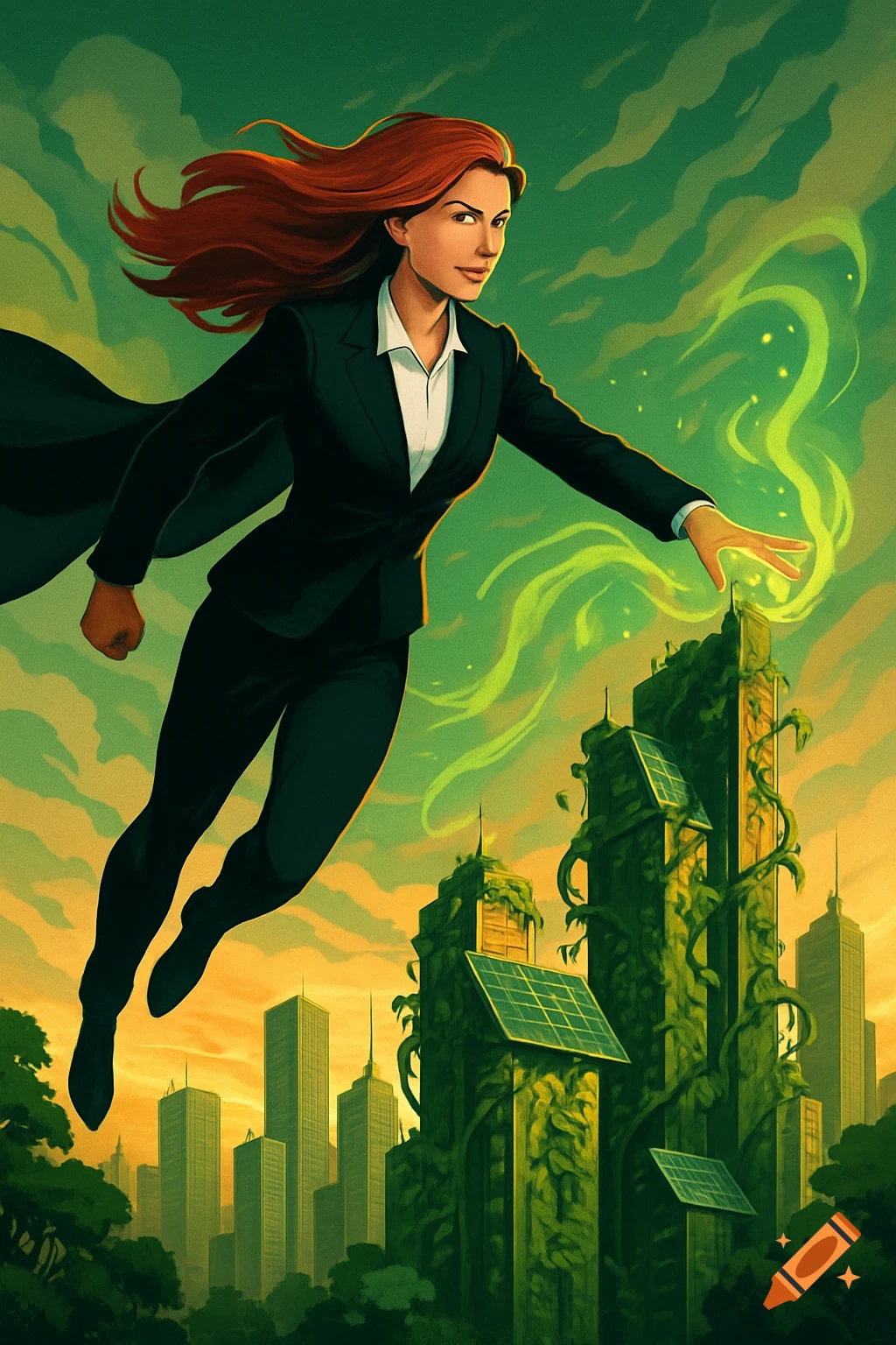Red-haired corporate superhero in a black suit flies over a green city, empowering vine-covered buildings with solar panels, comic book style.