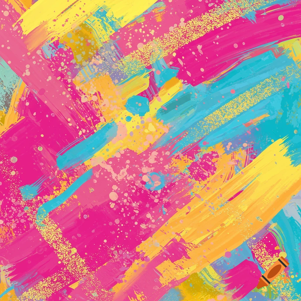 Abstract painting with bold, energetic brushstrokes in pink, yellow, and blue, with speckled paint splatters.