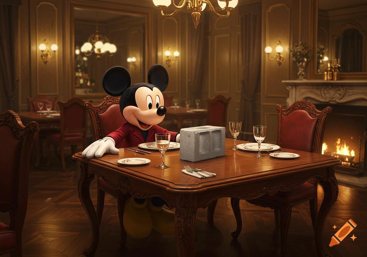 Mickey Mouse sits at an ornate wooden table in a fancy restaurant, with a light gray cinderblock on the table.