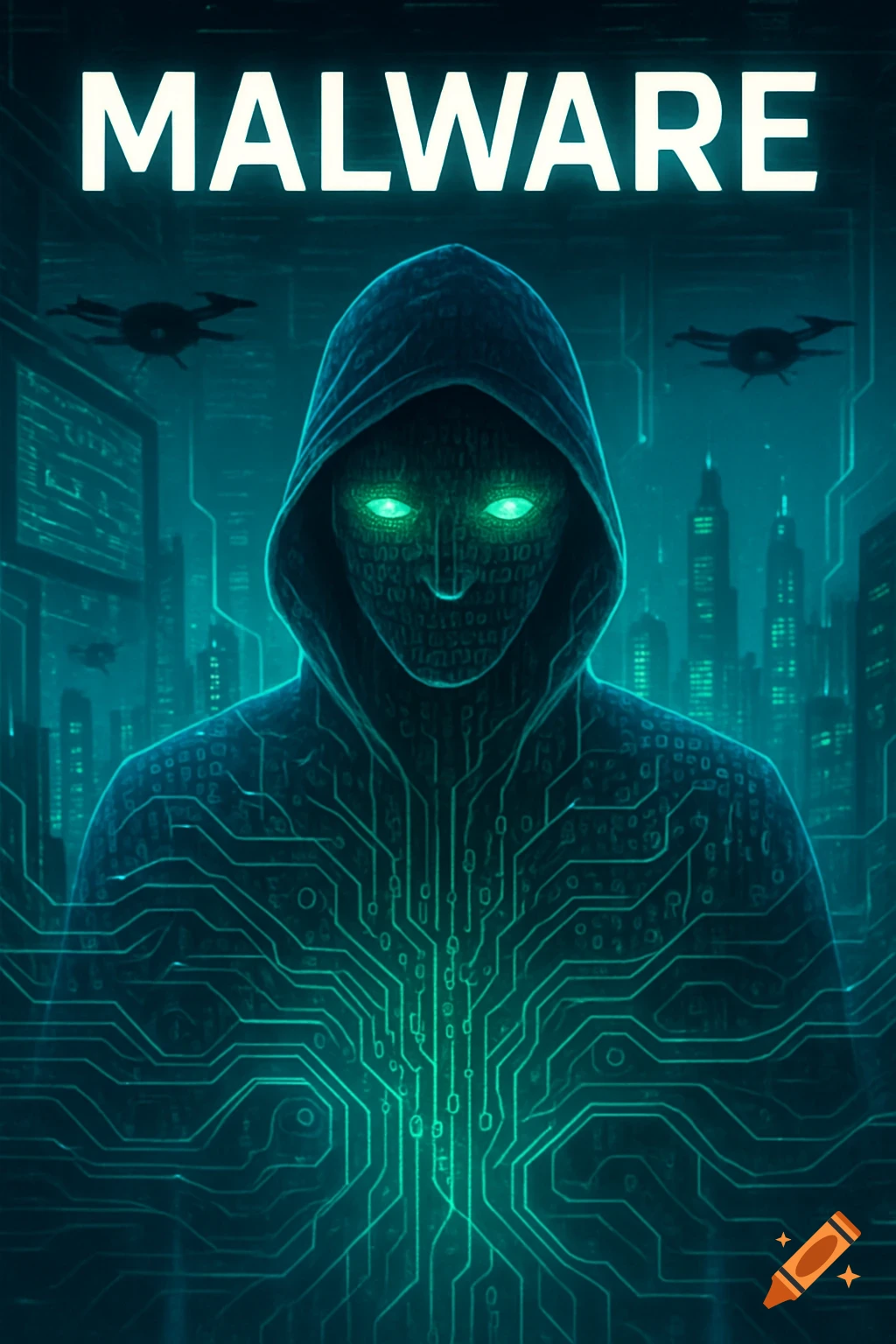 A hooded figure with glowing green binary code eyes and circuitry patterns on its body, standing before a futuristic city skyline. The word MALWARE is at the top.