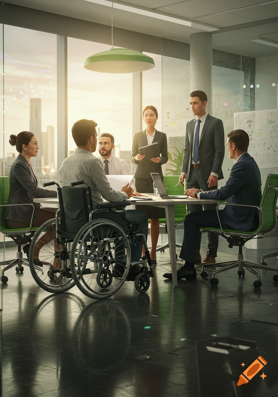 A diverse group of professionals, including a man in a wheelchair, attend a business meeting in a modern office with large windows.