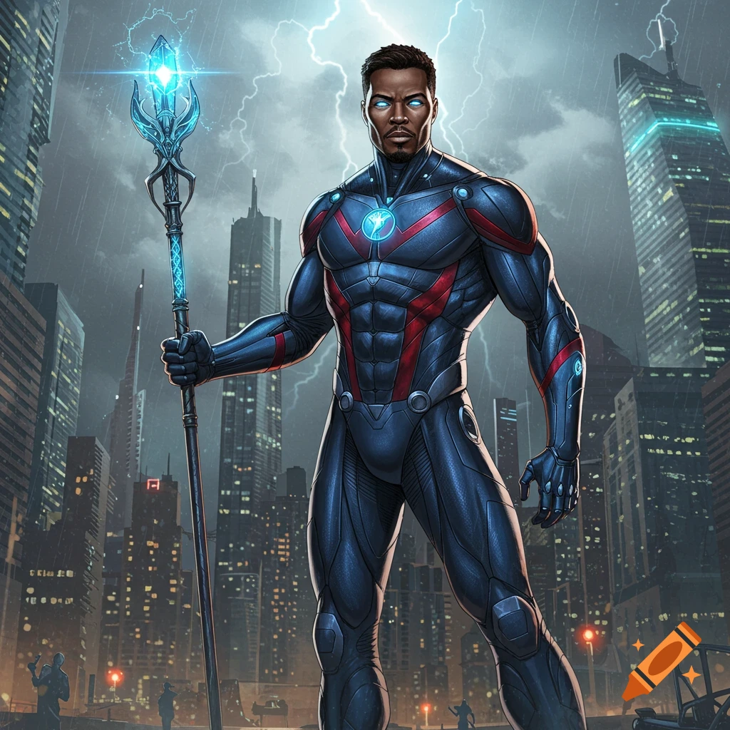A strong African American male superhero in a blue and red armored suit with glowing eyes holds a glowing staff in a stormy city.