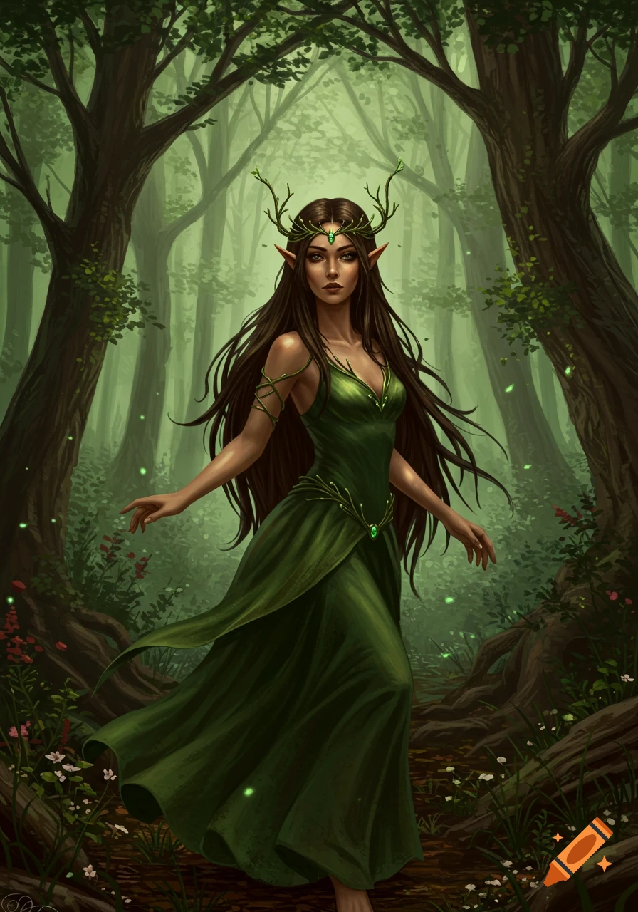 A beautiful wood elf with long dark hair and a green dress stands in an enchanted forest with glowing particles.