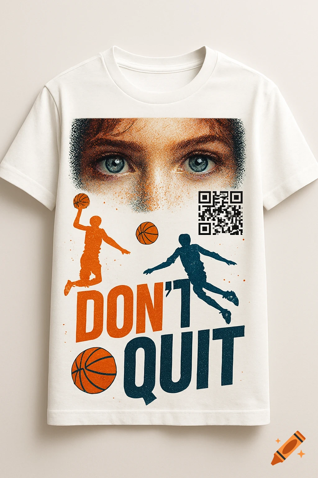 White t-shirt with a graphic design featuring a pair of expressive eyes, basketball player silhouettes, basketballs, the text "DON'T QUIT", and a garbled QR code.