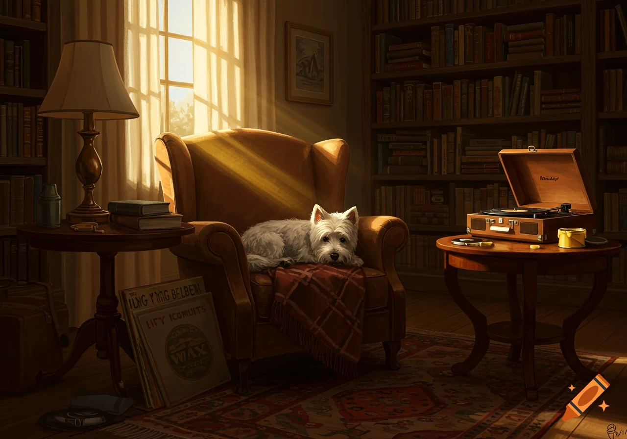 A West Highland White Terrier dog rests on a blanket in a sunlit armchair in a cozy room with bookshelves and a record player.