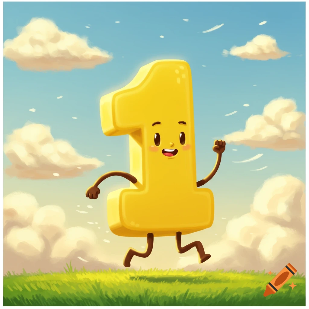 A cheerful, yellow cartoon number 1 with arms and legs, running across a green grassy field under a blue sky with fluffy white clouds.
