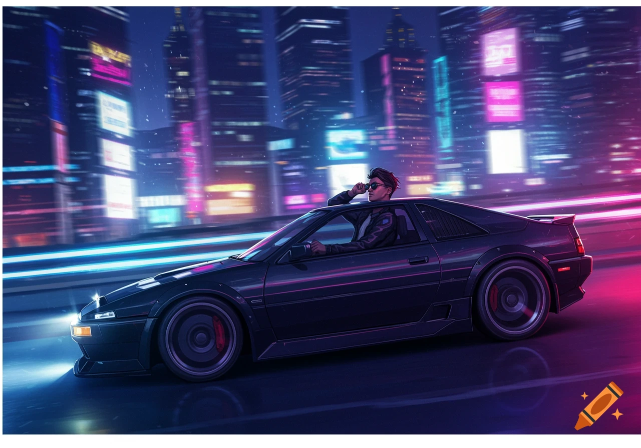 A man in sunglasses leans out of a black car, driving through a neon-lit city at night in a synthwave style.