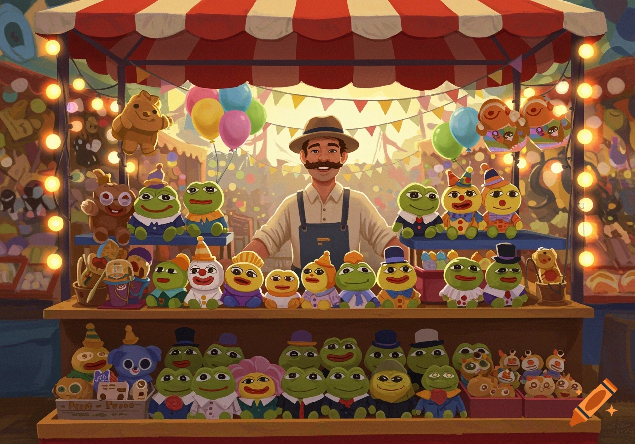 A cartoon carnival stall with a smiling shopkeeper and many Pepe-like plush toys on display under a striped awning.