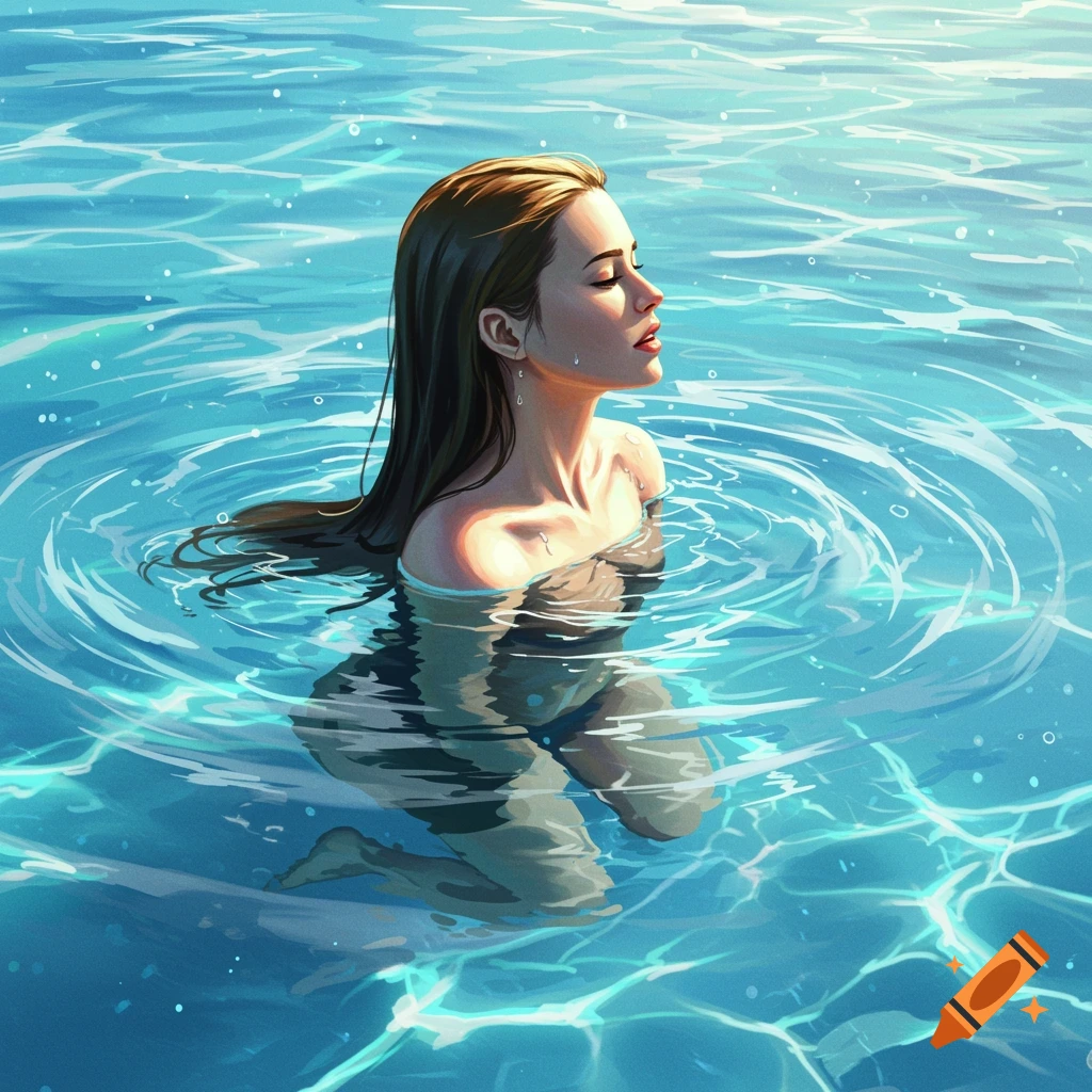 Illustrated woman with closed eyes and wet hair in shimmering blue water.