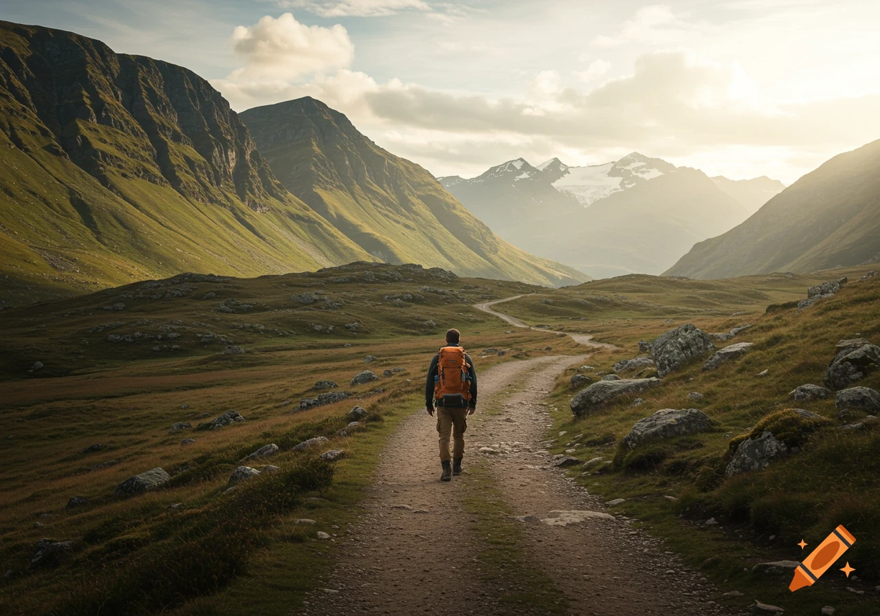 Photorealistic image of a lone male hiker with an orange backpack walking on a dirt path through a vast, green mountain valley at sunset.