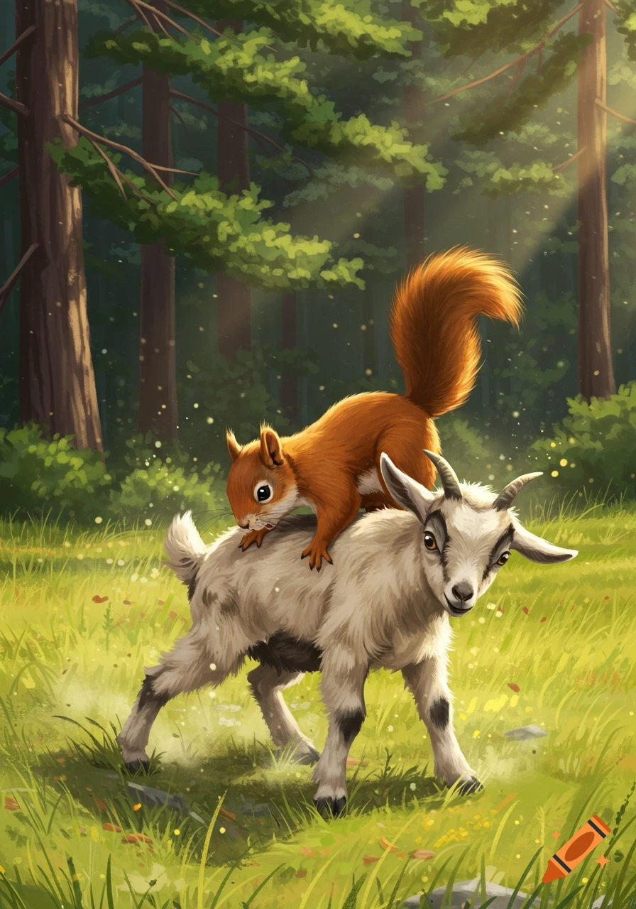 An adorable squirrel rides on the back of a baby goat in a sun-dappled forest clearing, rendered in a whimsical illustration style.