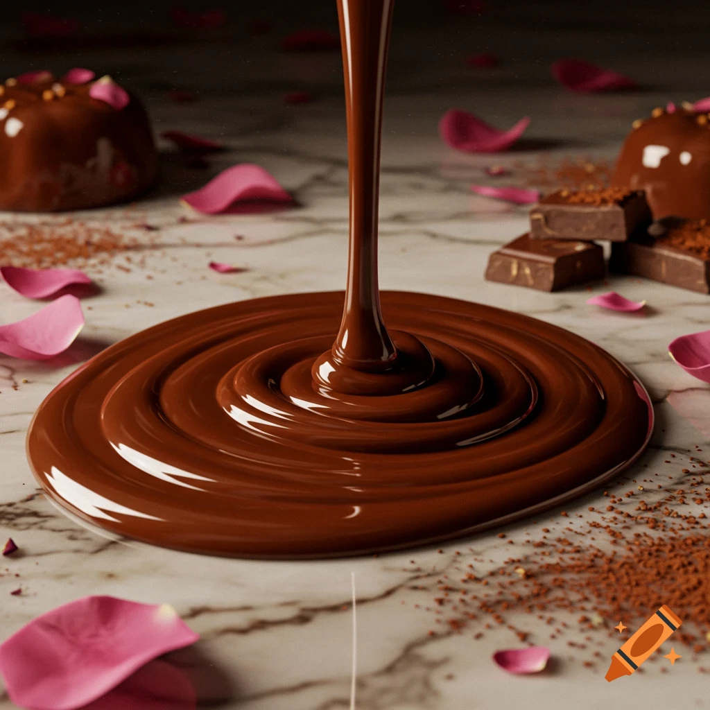 Photorealistic image of rich melted chocolate pouring onto a white marble surface, surrounded by pink rose petals and chocolate pieces.