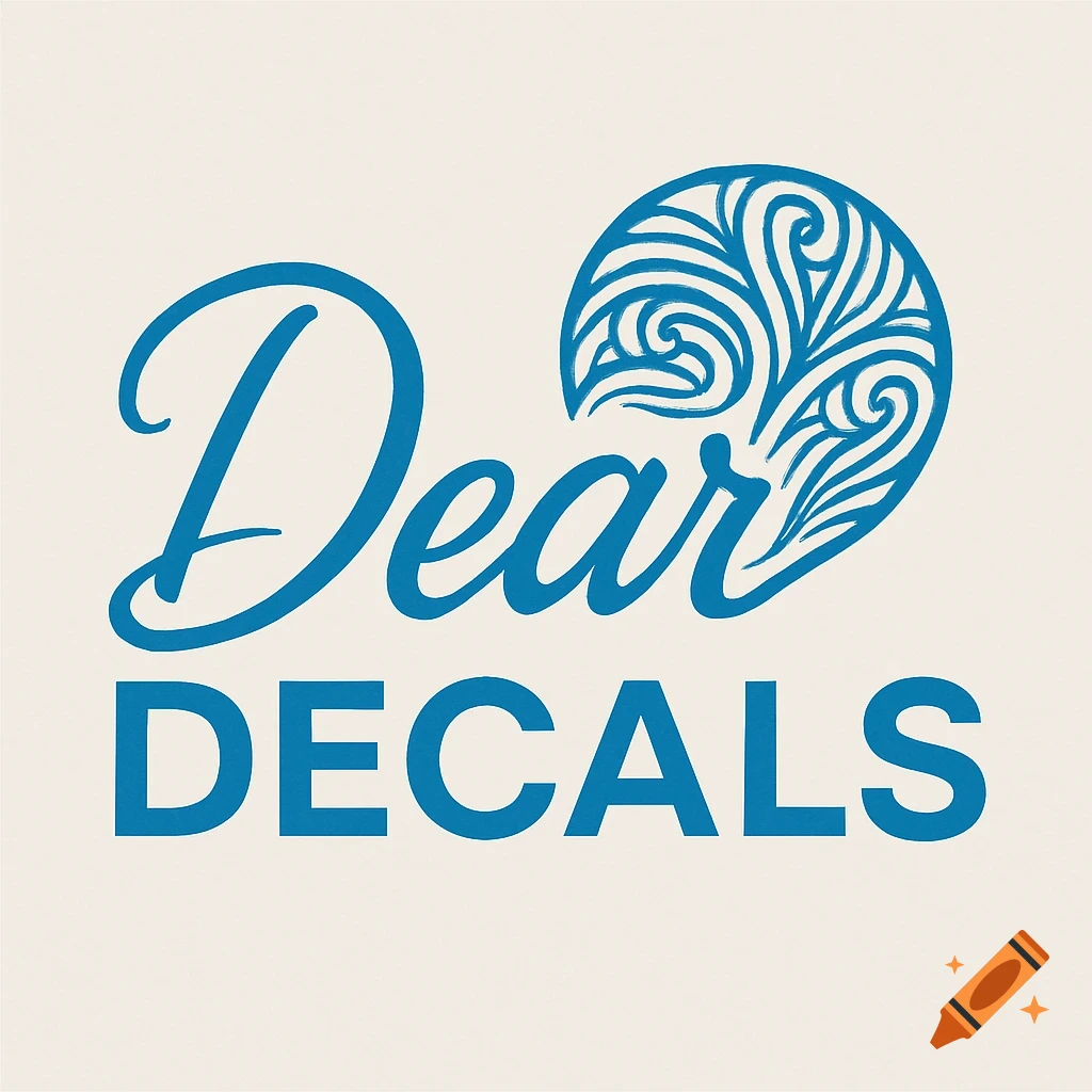 A blue logo for 'Dear DECALS' featuring the word 'Dear' in a script font with a decorative swirl design, and 'DECALS' in a sans-serif font below.