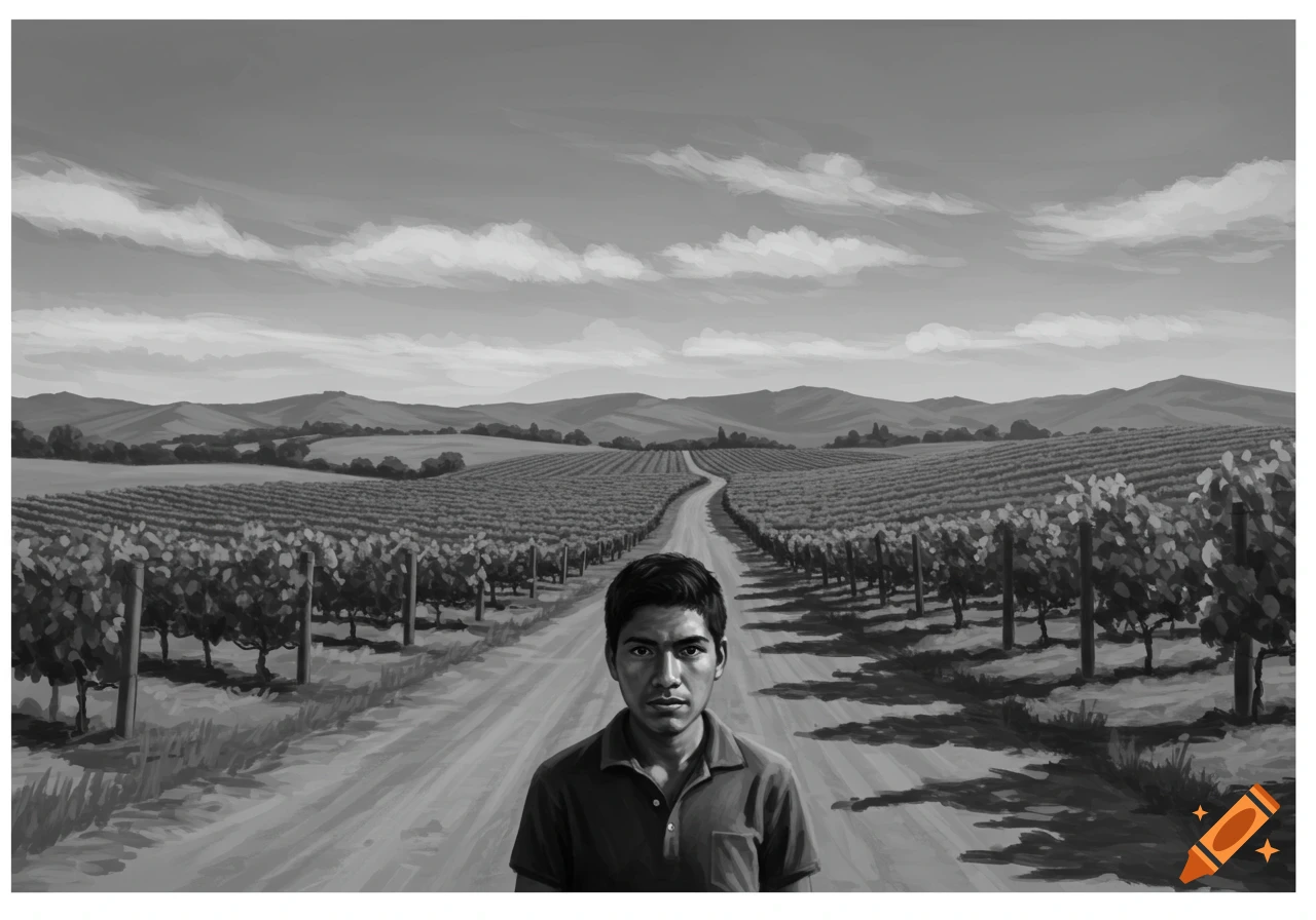 A black and white painting of a young man looking at the camera, standing in a rural vineyard with mountains in the background.